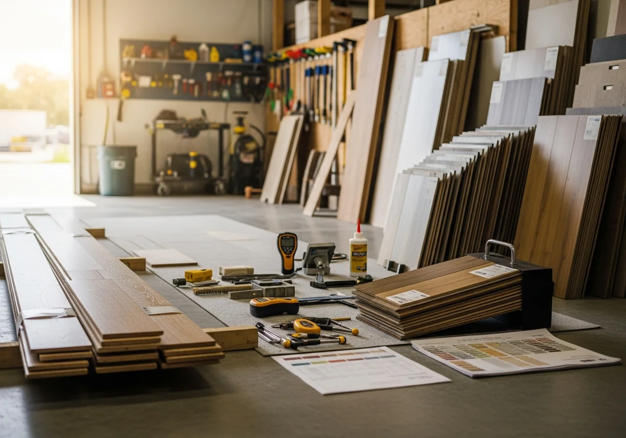 Professional flooring installation workspace with tools, materials, and preparation equipment ready for hardwood and vinyl plank projects.