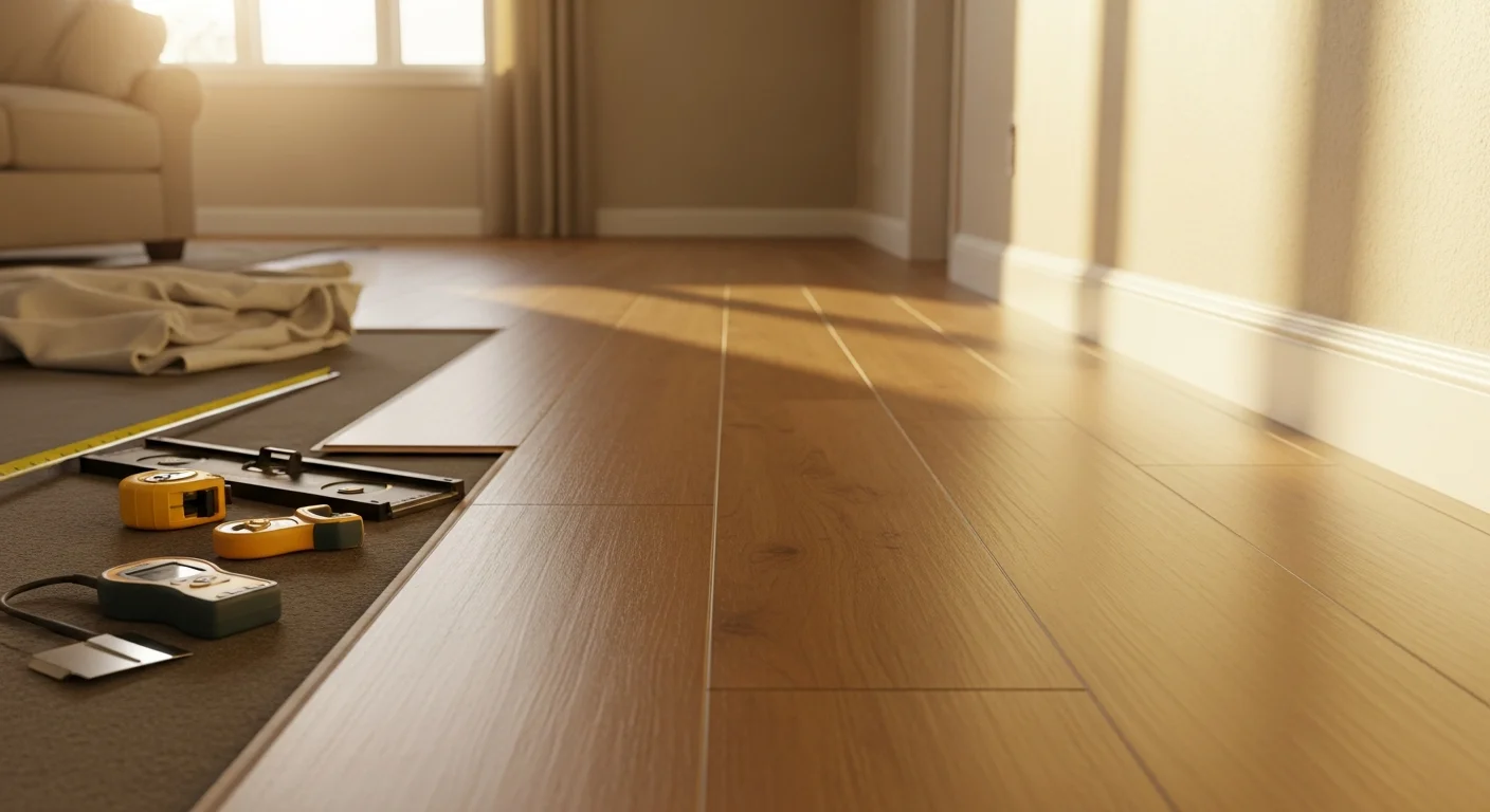 Professional flooring installation in progress showing subfloor preparation and tile laying