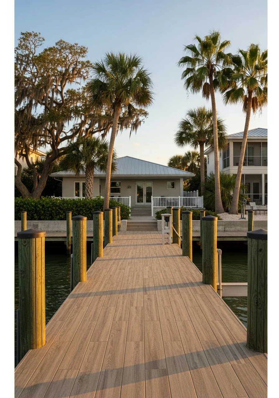 Palm Coast waterfront property with dock and coastal landscaping.