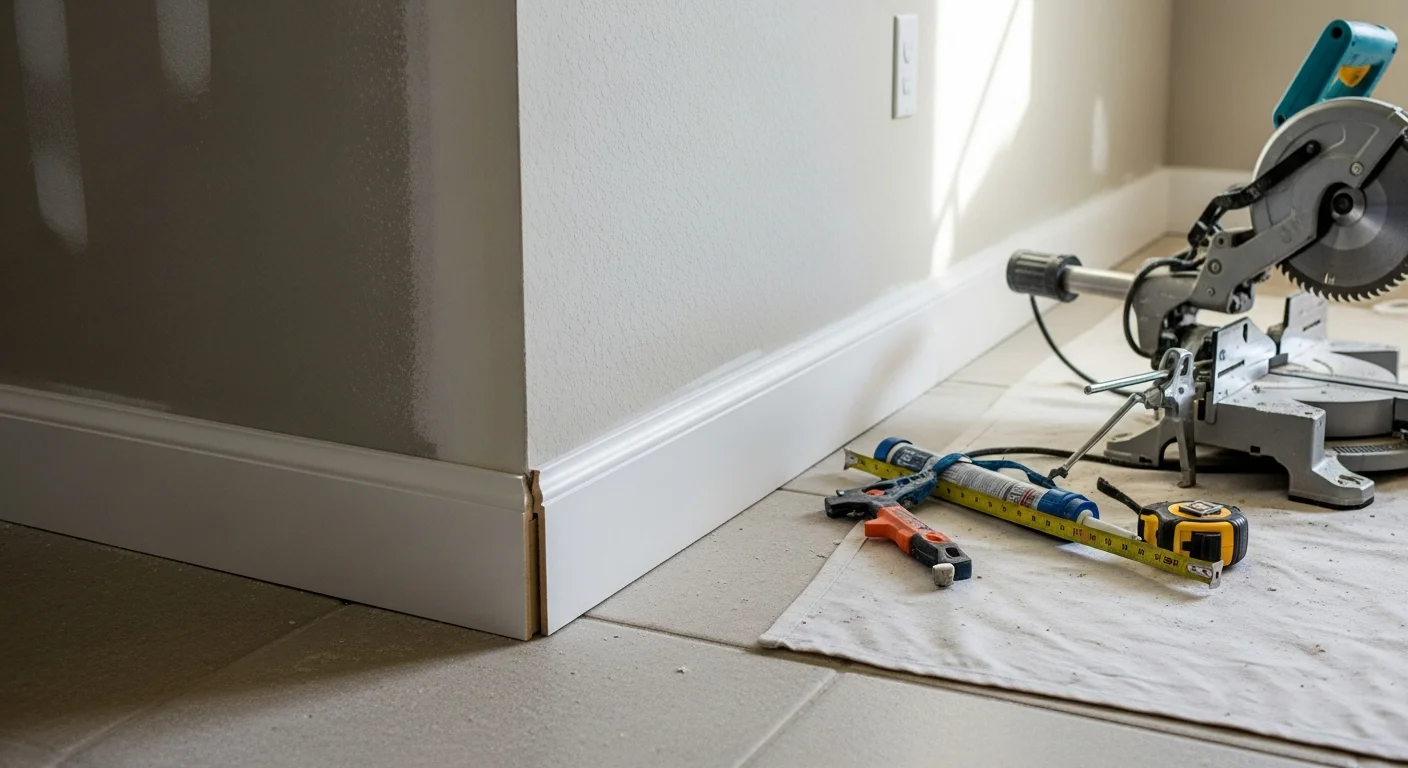 Freshly installed white baseboard trim running along the base of an interior wall in a Palm Coast, FL home, with clean corner joints where the baseboard meets a painted door casing. The floor-to-wall transition is fully covered with no visible gaps.
