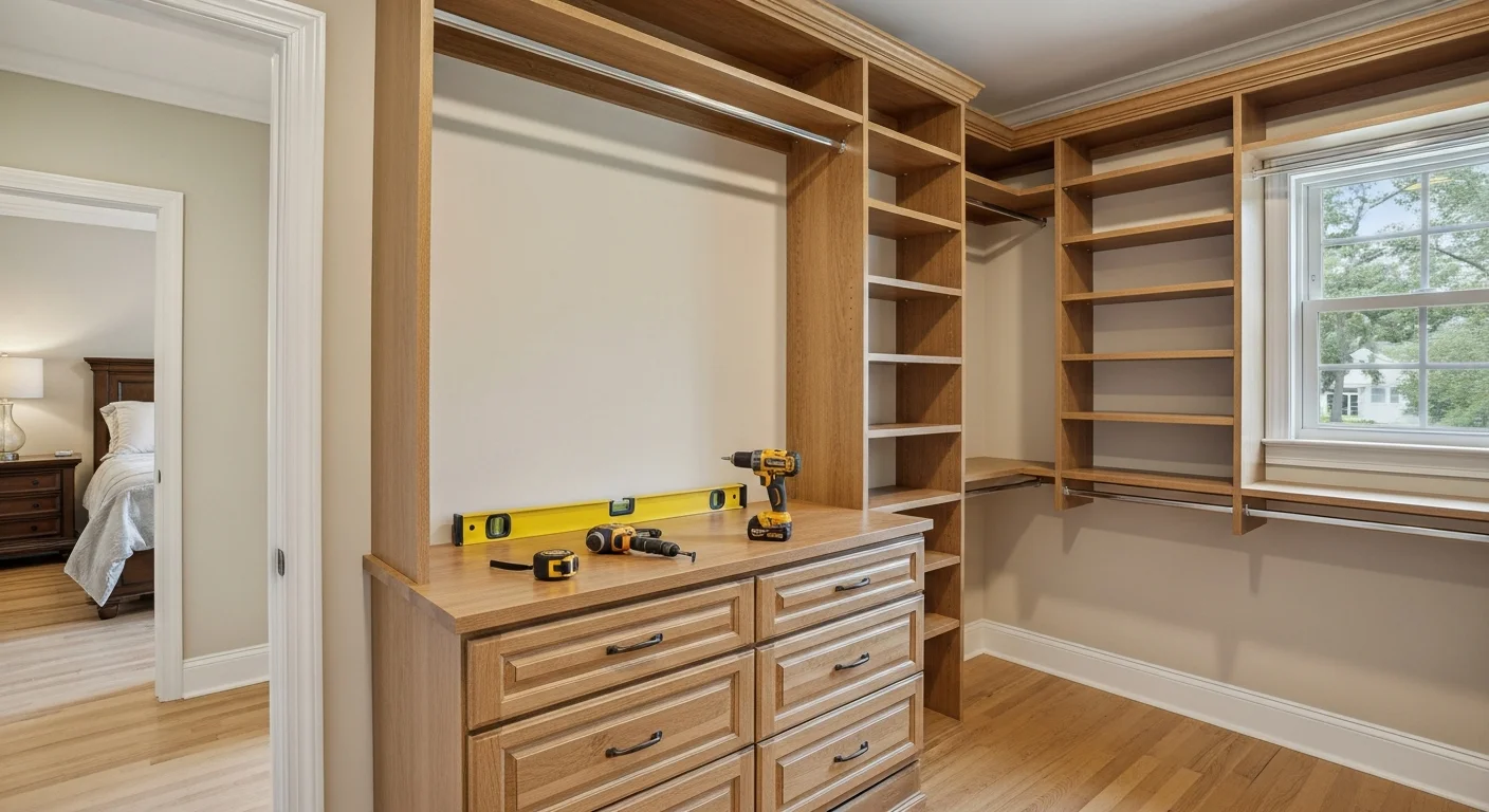 A finished built-in closet installation in a Palm Coast, FL single-family home bedroom, showing floor-to-ceiling shelving, hanging rods, and drawer units fitted flush against the wall.