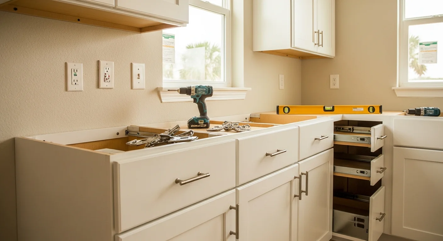 Newly installed kitchen cabinets with clean wood finish inside a single-family home in Palm Coast, FL. Cabinet doors and drawers are aligned and closed, showing a finished installation ready for daily use.