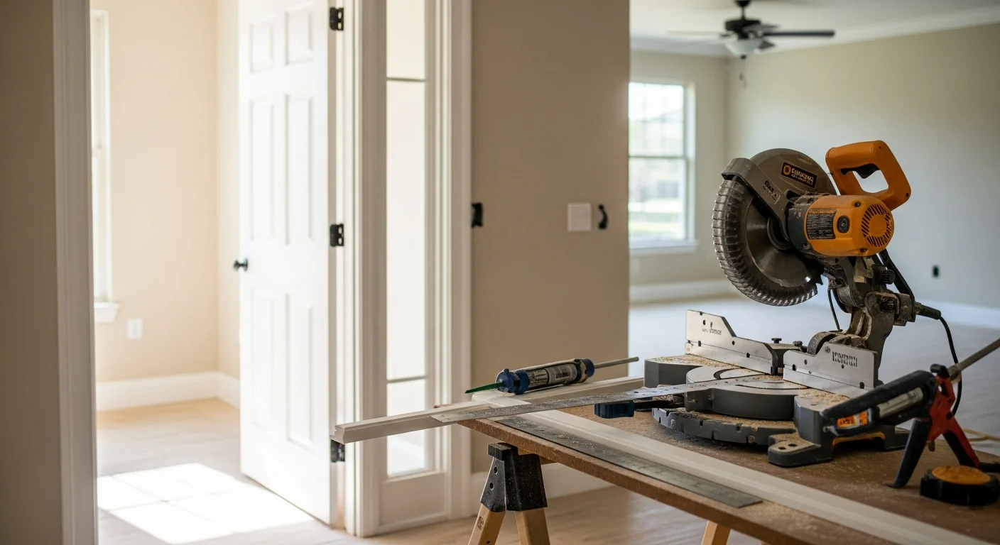 Freshly installed interior door with clean mitered casing trim in a single-family home in Palm Coast, FL. The white casing sits flush against the drywall and aligns with the baseboard below.