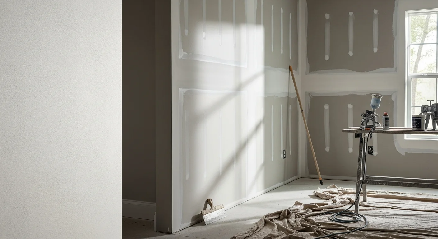 Freshly installed and finished drywall in a Palm Coast, FL home interior showing smooth, paint-ready walls and ceiling after a remodeling project. A contractor applies final joint compound to a taped seam in a residential room with natural light coming through a window.