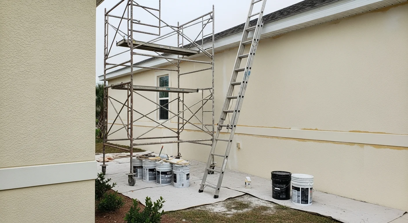 Freshly painted single-family home exterior in Palm Coast, FL, with clean stucco walls and crisp trim visible under bright Florida sunlight. The finished surface shows even color coverage across the front facade and around the garage and entry doors.