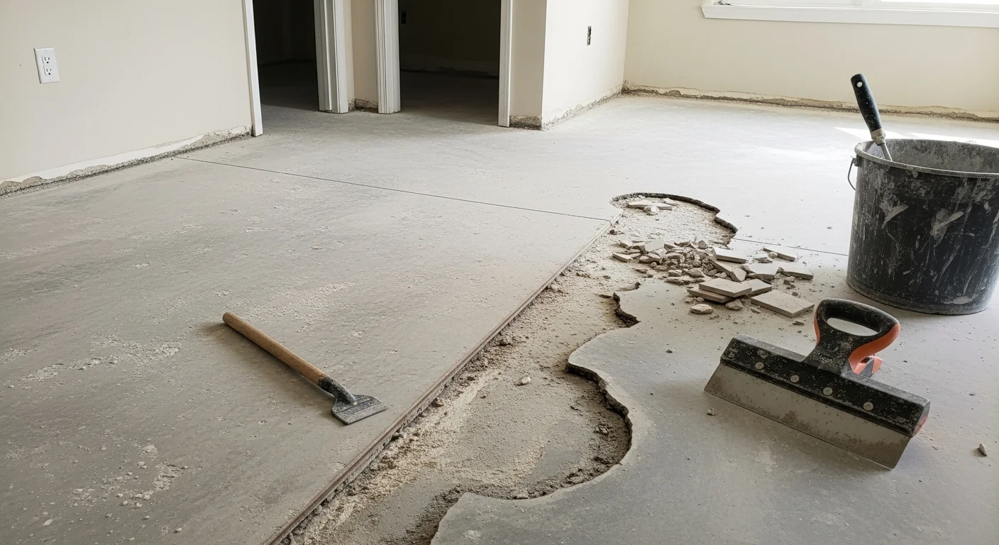 A Palm Coast, FL home interior showing a concrete slab subfloor fully cleared after professional tile removal by Luis Flooring. Old thinset and adhesive residue have been stripped away, leaving a clean, flat surface ready for new flooring installation.