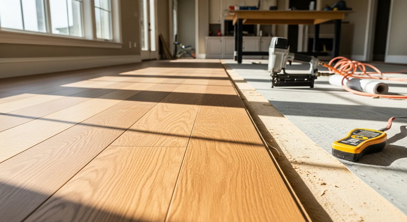 Freshly installed hardwood flooring in a Palm Coast, FL single-family home with an open-concept living area. Smooth wood planks run across a concrete slab subfloor with natural light coming through large windows.