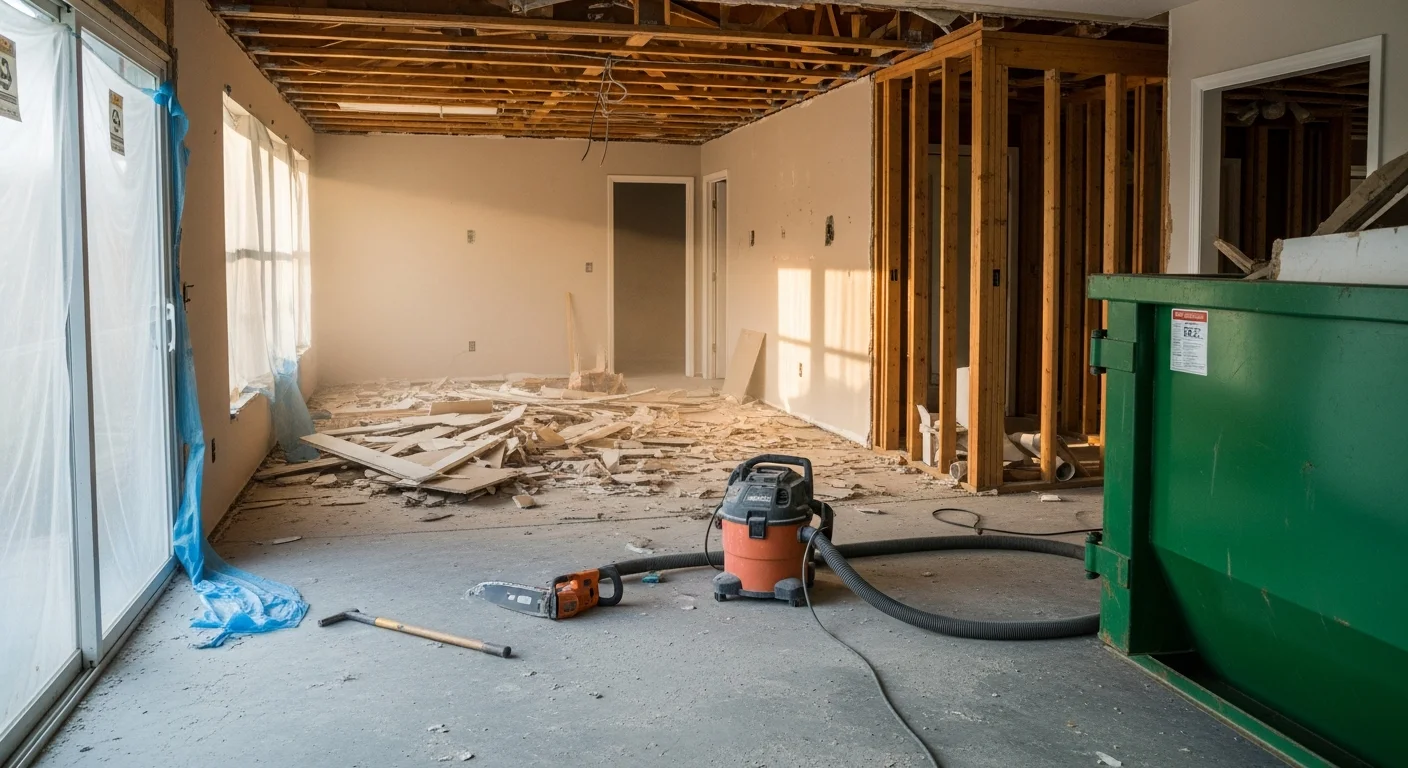 Interior demolition in progress inside a Palm Coast, FL home, with walls stripped to the studs and flooring removed down to the subfloor. Dust barriers protect adjacent rooms while debris is staged for removal.