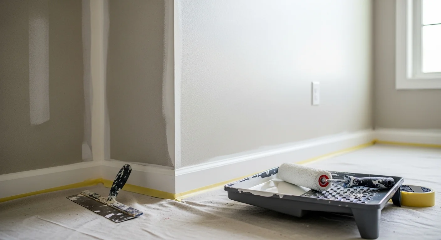 Freshly painted interior living room walls in a Palm Coast, FL single-family home, showing smooth, even coverage in a light neutral color. Natural light from a window highlights the clean finish on the walls and trim.