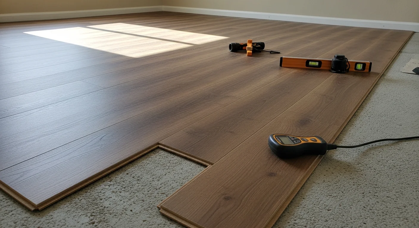 Freshly installed laminate flooring with wood-look planks running through a Palm Coast, FL living room, showing tight seams and clean transitions at the wall. The room is well-lit and the floor surface is smooth and level from wall to wall.