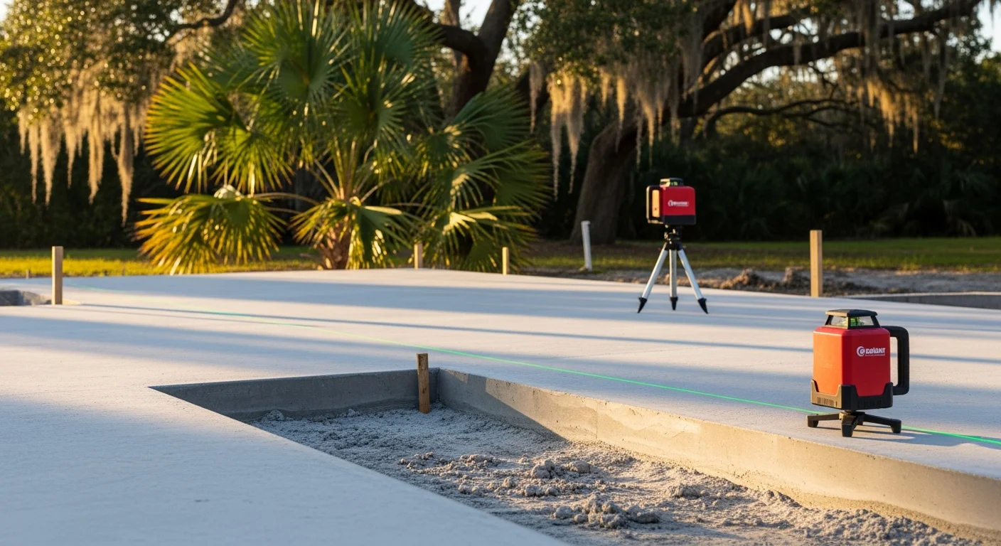 A cleared and graded residential lot in Palm Coast, FL with compacted soil and no debris, ready for foundation work. Sandy Florida terrain is visible with a flat, level surface prepared for construction.