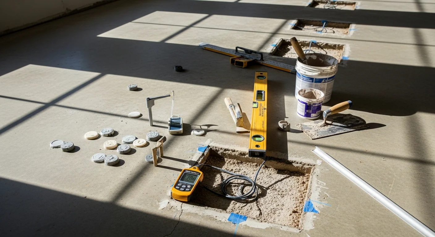 A Palm Coast, FL flooring technician inspecting and leveling a concrete slab subfloor inside a residential home before new flooring installation. The surface shows freshly repaired sections and a clean, flat substrate ready for the next installation step.
