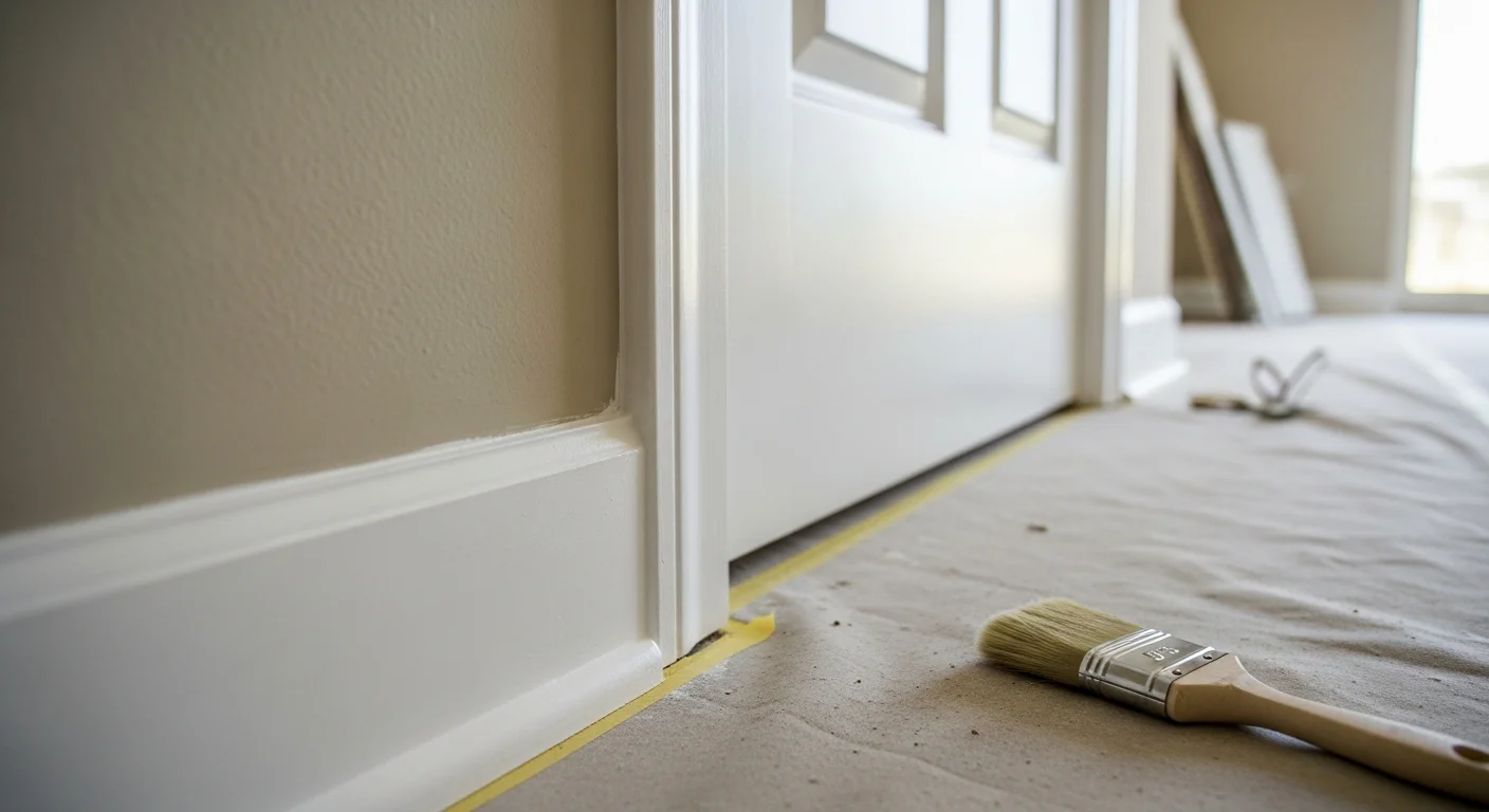 Freshly painted white baseboards and door casing in a Palm Coast, FL home interior, with clean caulk lines and a smooth semi-gloss finish against neutral-colored walls. Close-up view shows sharp trim edges along a light hardwood floor in a residential living room.