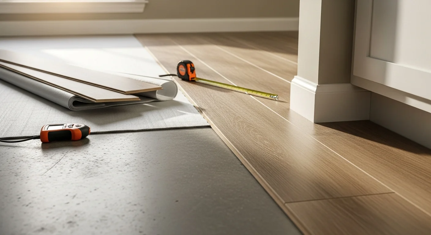 Freshly installed vinyl plank flooring in a Palm Coast, FL home showing tight seams, clean transitions, and a wood-look finish across an open living area. Luis Flooring completed the installation over a concrete slab with moisture barrier underlayment.